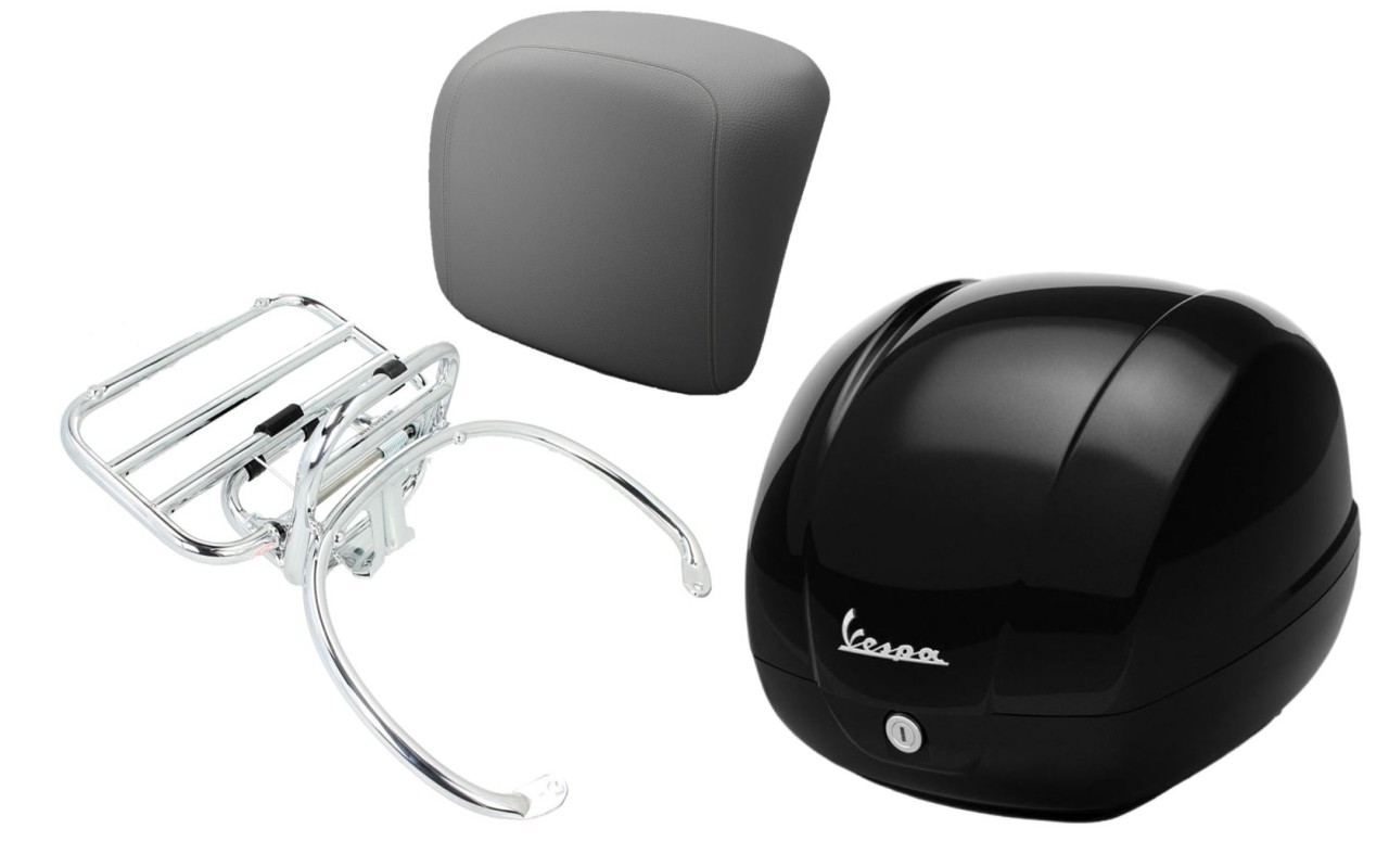 Topcase kit 36L nero cosmo (98/A), luggage rack chrome, back cushion gray for Vespa GTS 125/300/310